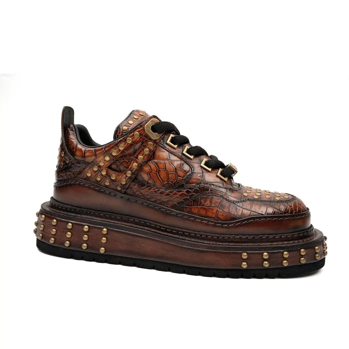 Brown Studded Crocodile Leather Sneakers