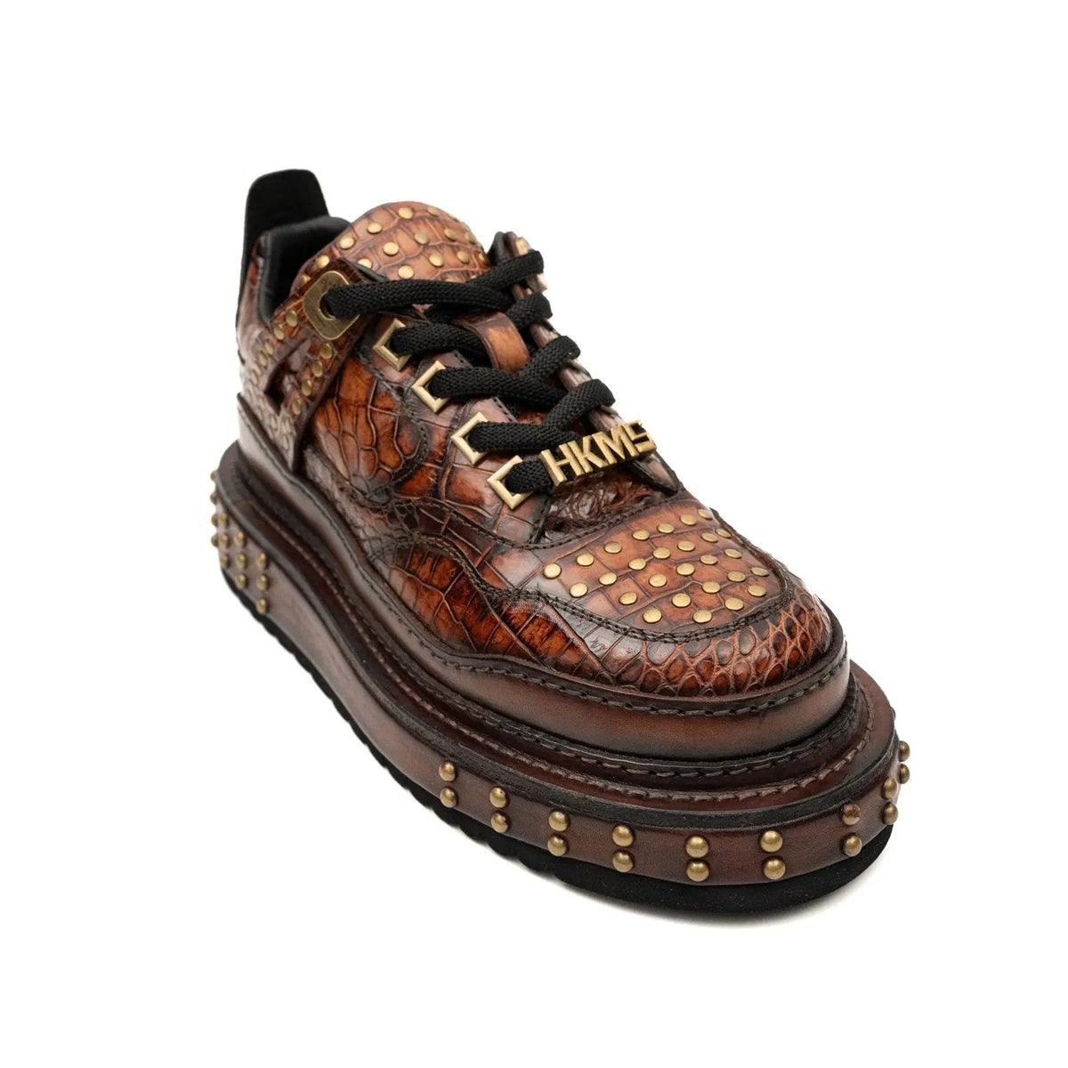 Brown Studded Crocodile Leather Sneakers