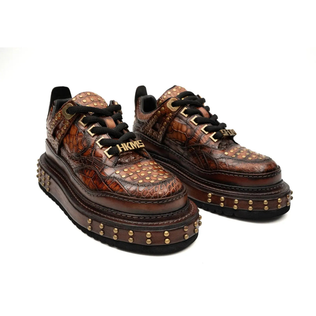 Brown Studded Crocodile Leather Sneakers