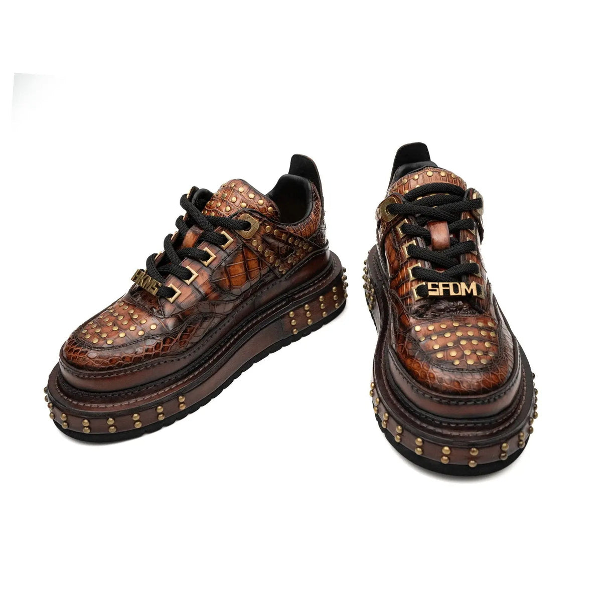 Brown Studded Crocodile Leather Sneakers