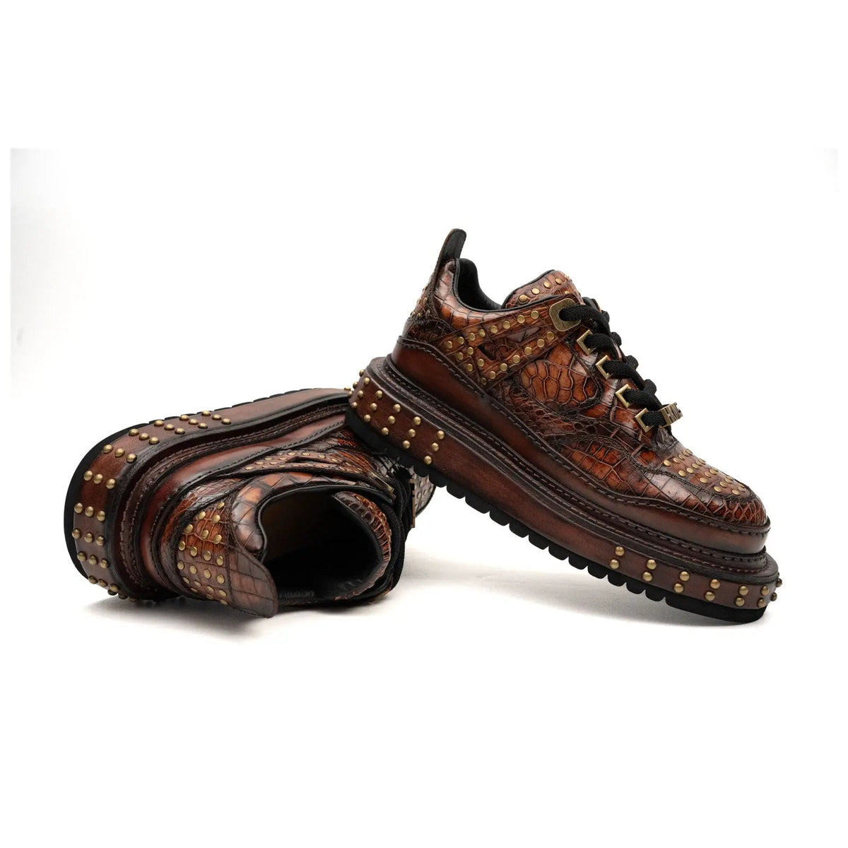 Brown Studded Crocodile Leather Sneakers