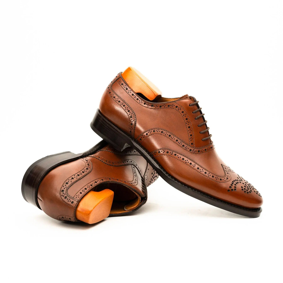 Tan Wingtip Cow Leather Oxford Shoes