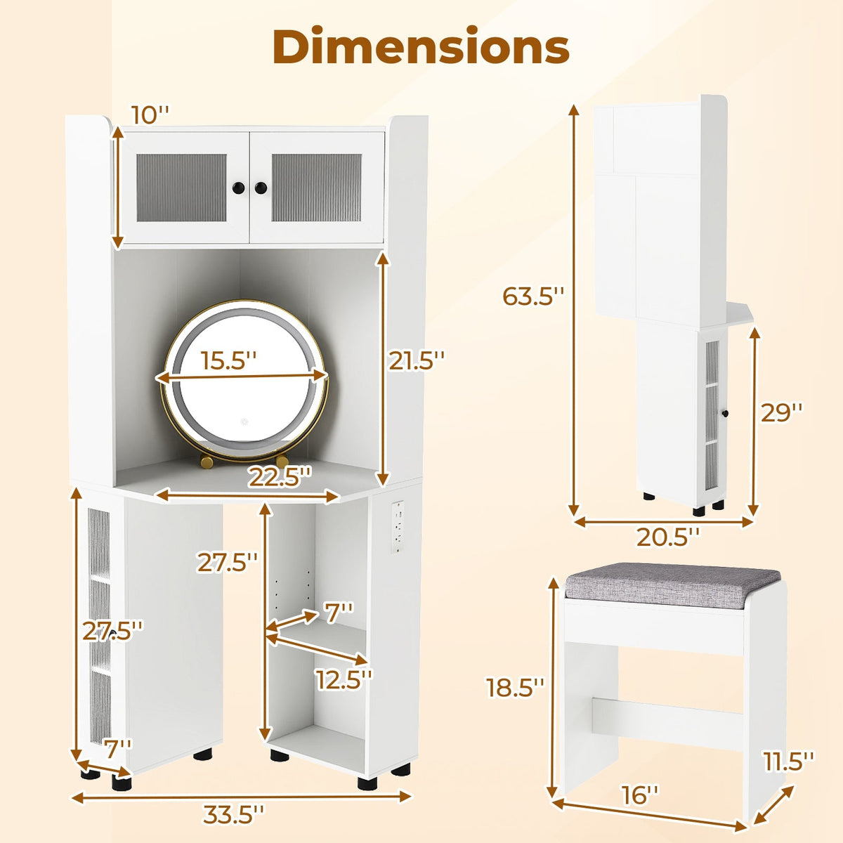 Compact Dressing Corner Vanity Desk with Mirror and Lights-White