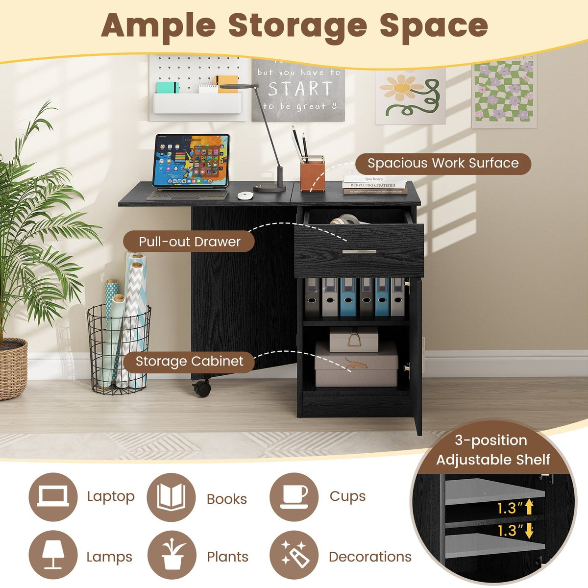 Folding Computer Desk with Drawer Mobile Home Office Desk with Cabinet