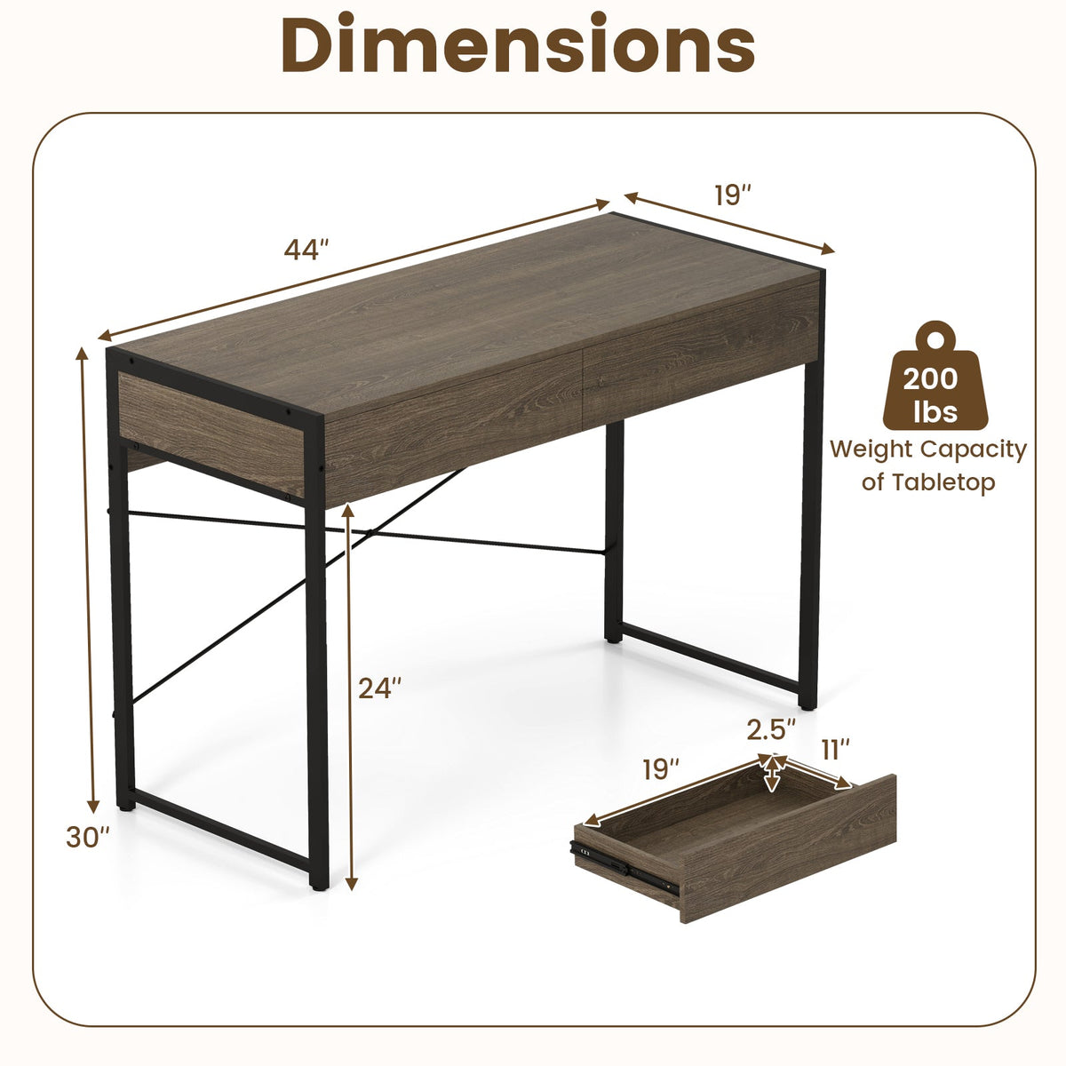 Computer Desk with 2 Drawers 44 Inch Home Office Desk with Metal Frame-Oak