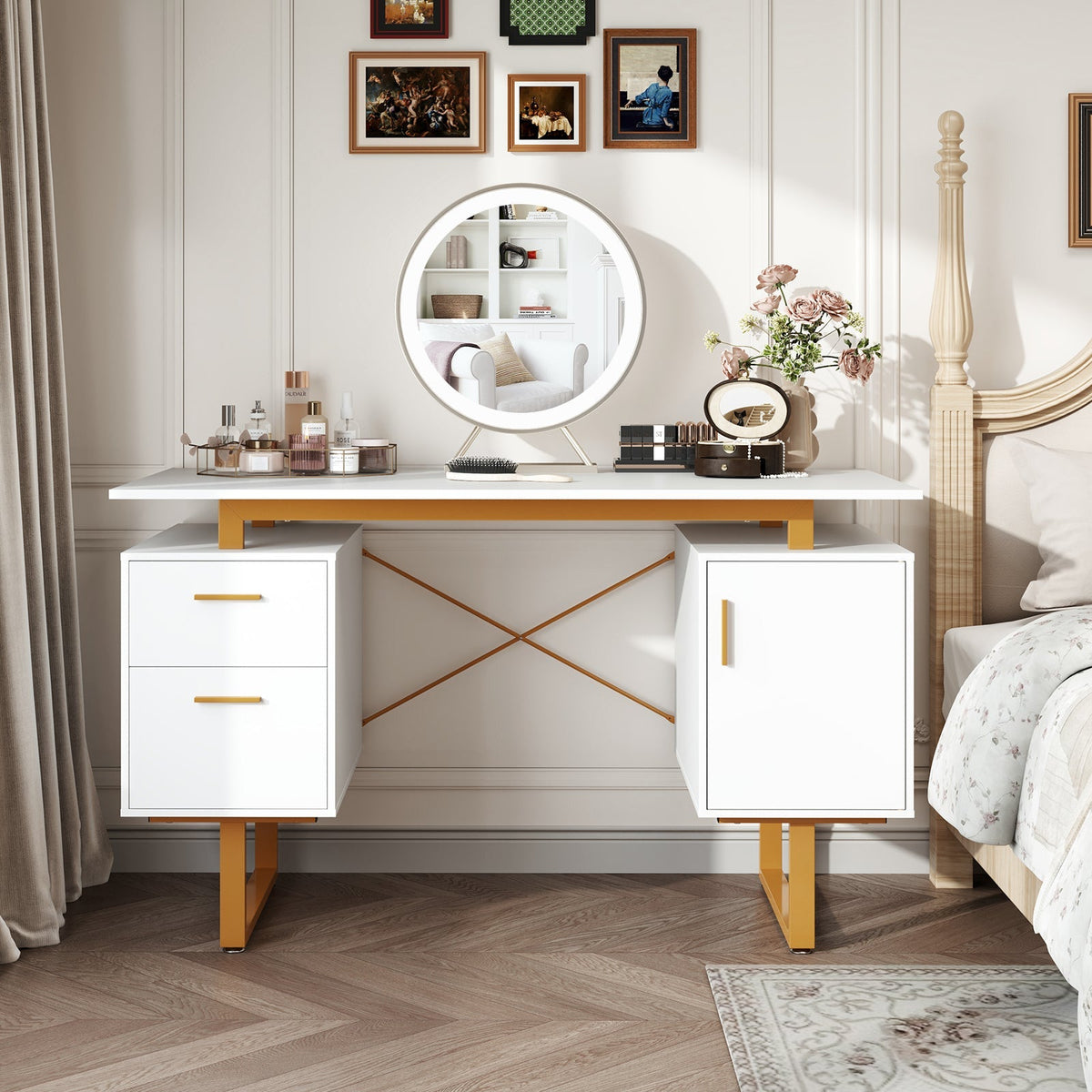 51 Inch Computer Desk with Floating Desktop and Dual Drawers-White