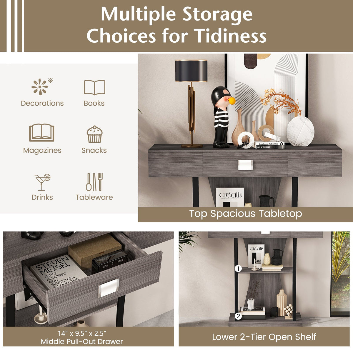 Console Table with Drawer and 2-Tier Shelves for Entryway Living Room
