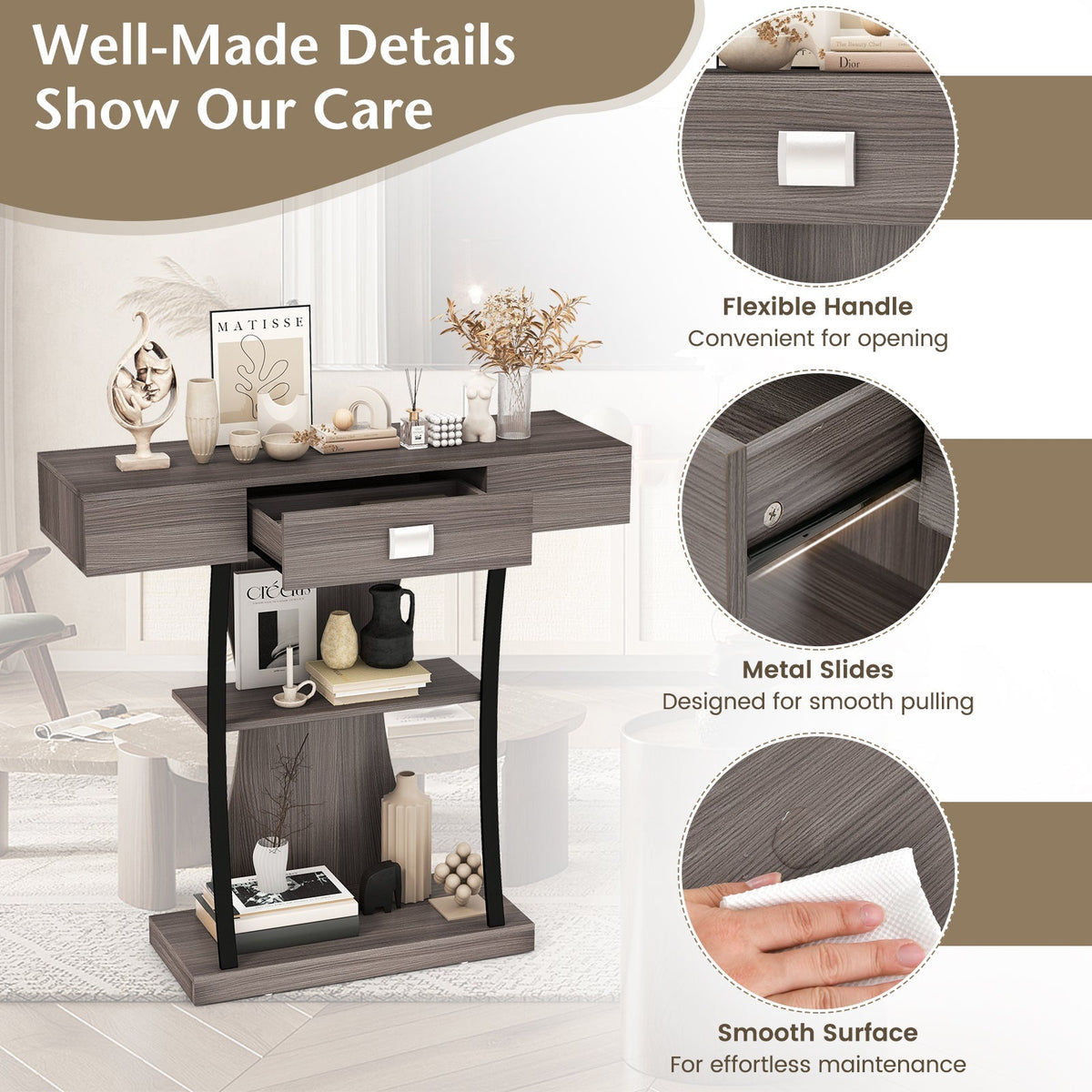 Console Table with Drawer and 2-Tier Shelves for Entryway Living Room
