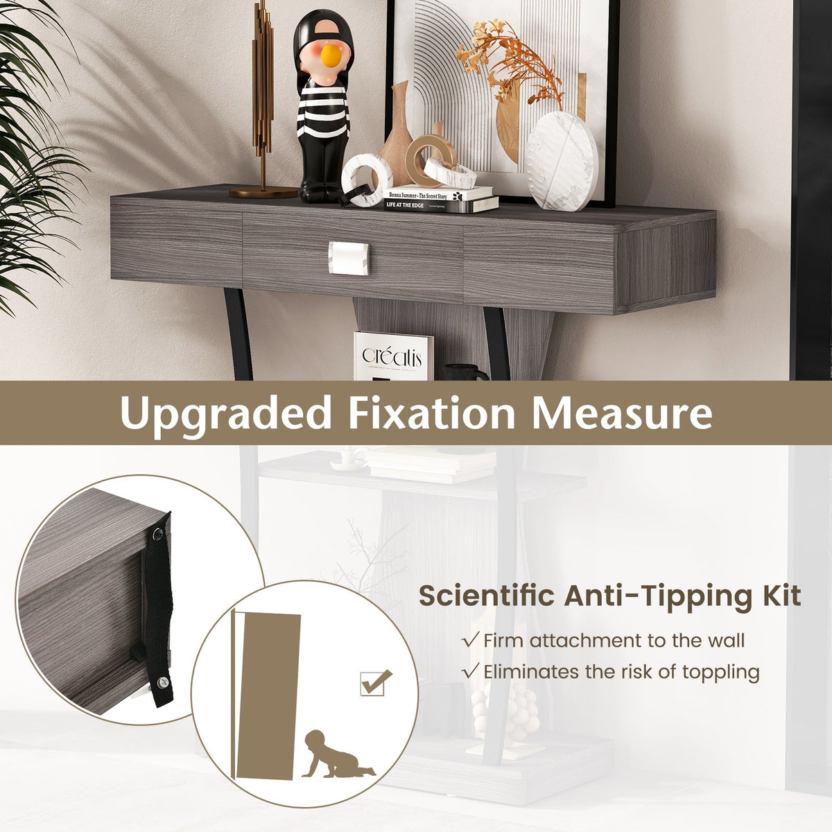 Console Table with Drawer and 2-Tier Shelves for Entryway Living Room