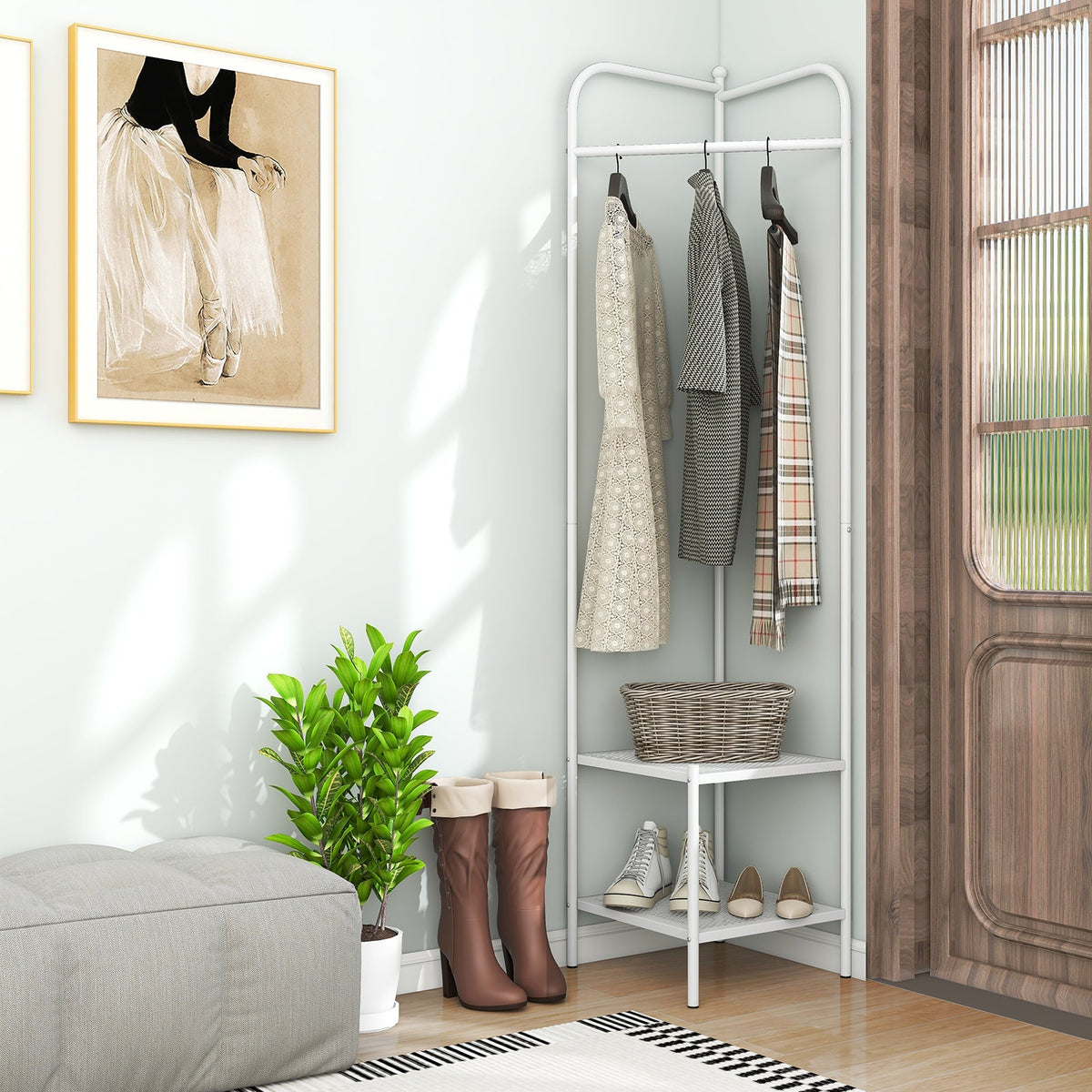 Corner Coat Rack with Top Hanger and 2 Mesh Shelves for Entryway Hallway Living Room Bedroom