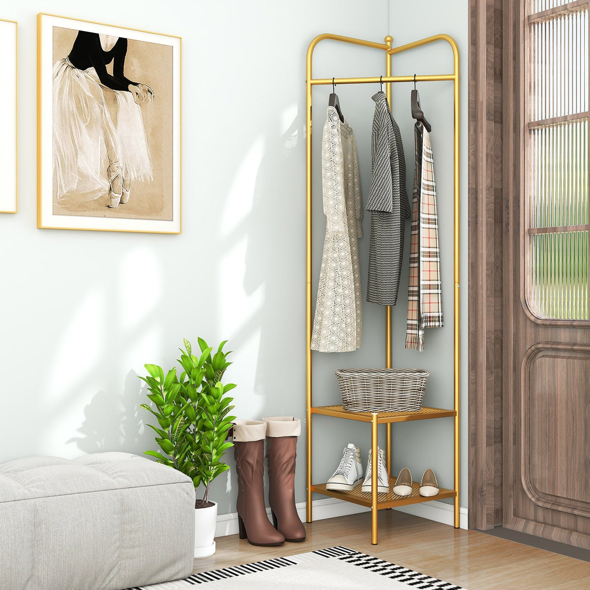 Corner Coat Rack with Top Hanger and 2 Mesh Shelves for Entryway Hallway Living Room Bedroom