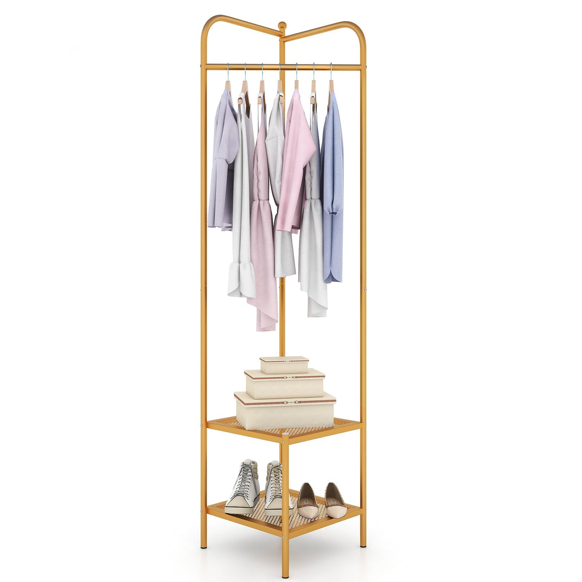 Corner Coat Rack with Top Hanger and 2 Mesh Shelves for Entryway Hallway Living Room Bedroom