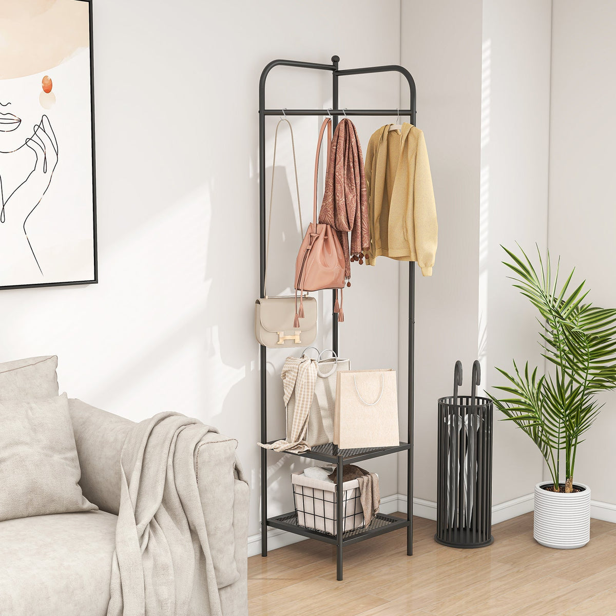 Corner Coat Rack with Top Hanger and 2 Mesh Shelves for Entryway Hallway Living Room Bedroom