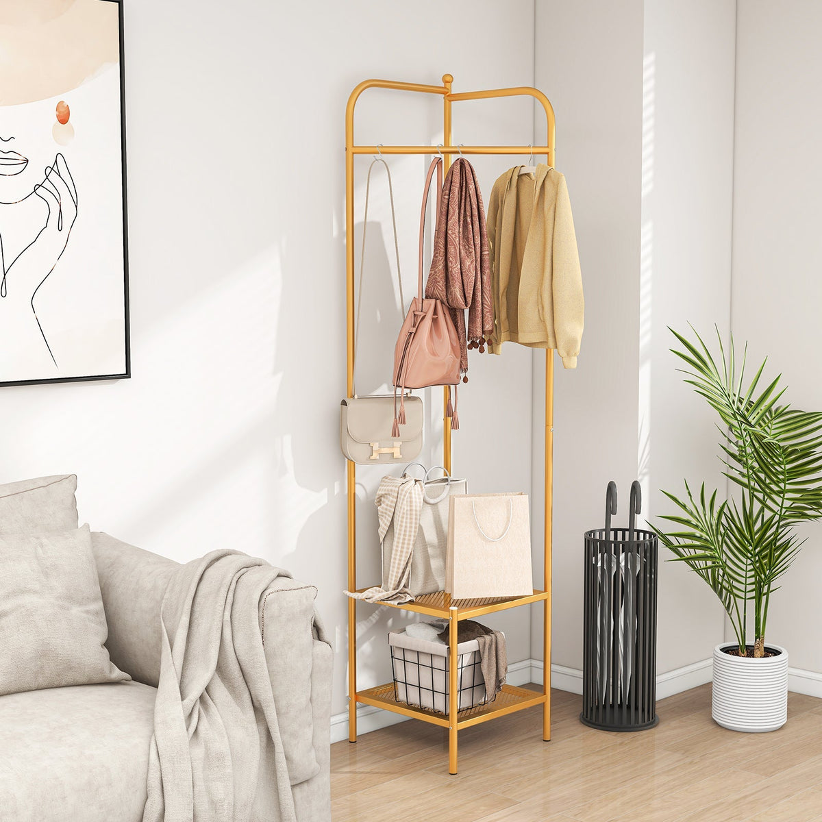 Corner Coat Rack with Top Hanger and 2 Mesh Shelves for Entryway Hallway Living Room Bedroom