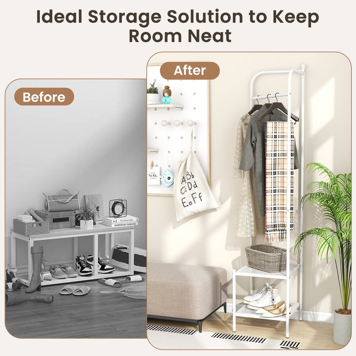 Corner Coat Rack with Top Hanger and 2 Mesh Shelves for Entryway Hallway Living Room Bedroom