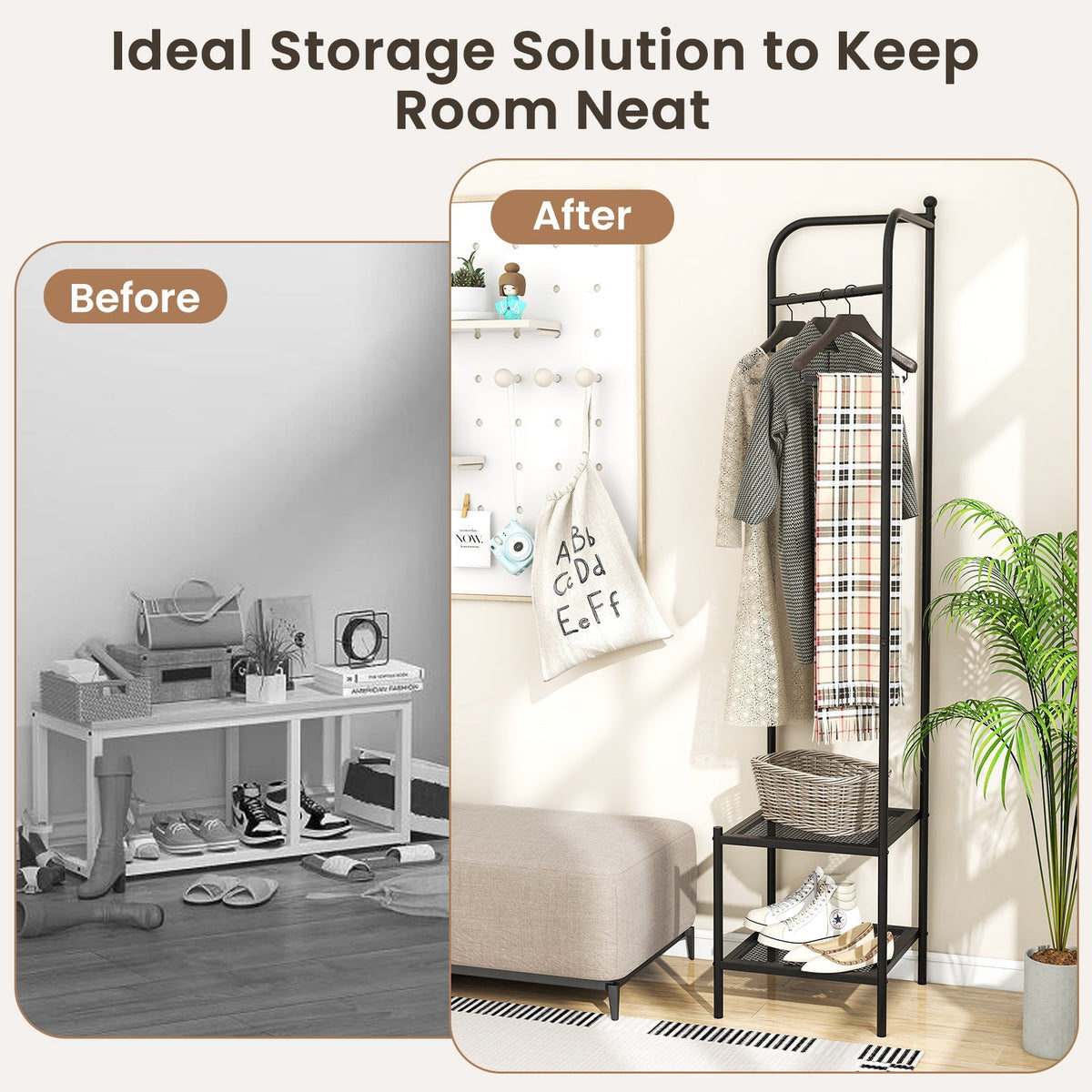 Corner Coat Rack with Top Hanger and 2 Mesh Shelves for Entryway Hallway Living Room Bedroom
