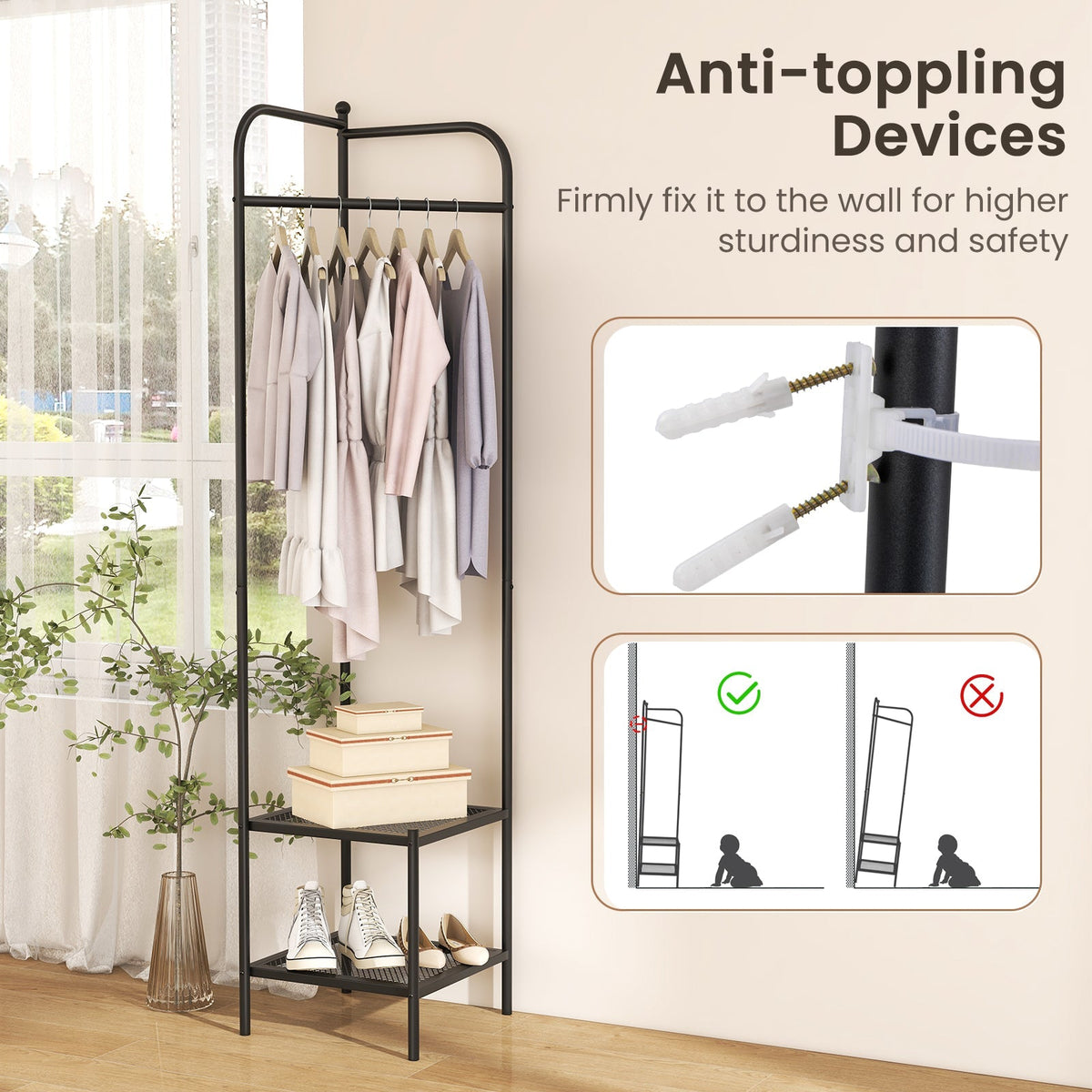 Corner Coat Rack with Top Hanger and 2 Mesh Shelves for Entryway Hallway Living Room Bedroom
