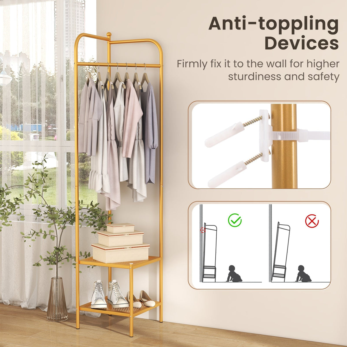 Corner Coat Rack with Top Hanger and 2 Mesh Shelves for Entryway Hallway Living Room Bedroom
