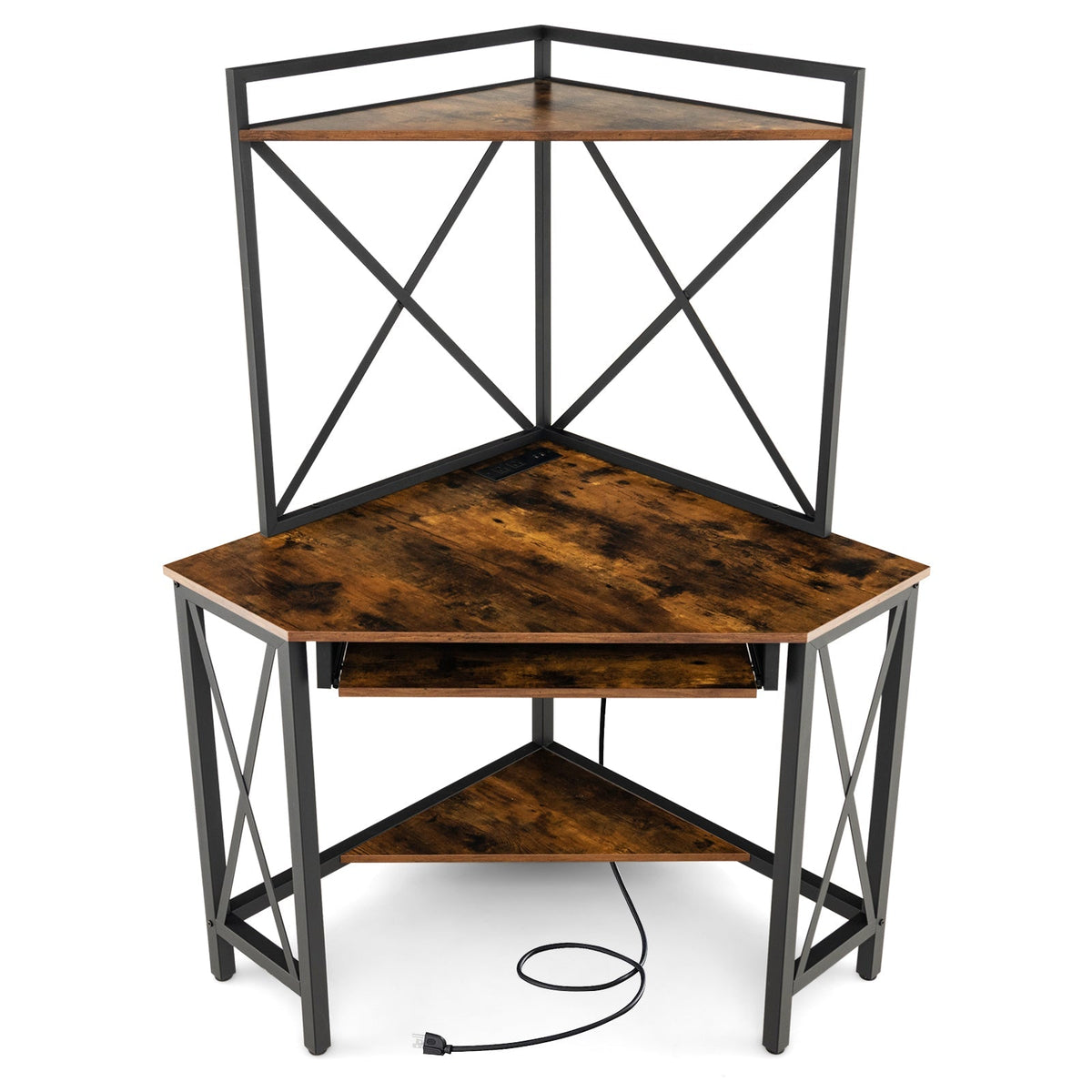 Space-Saving Corner Computer Desk with with Hutch and Keyboard Tray