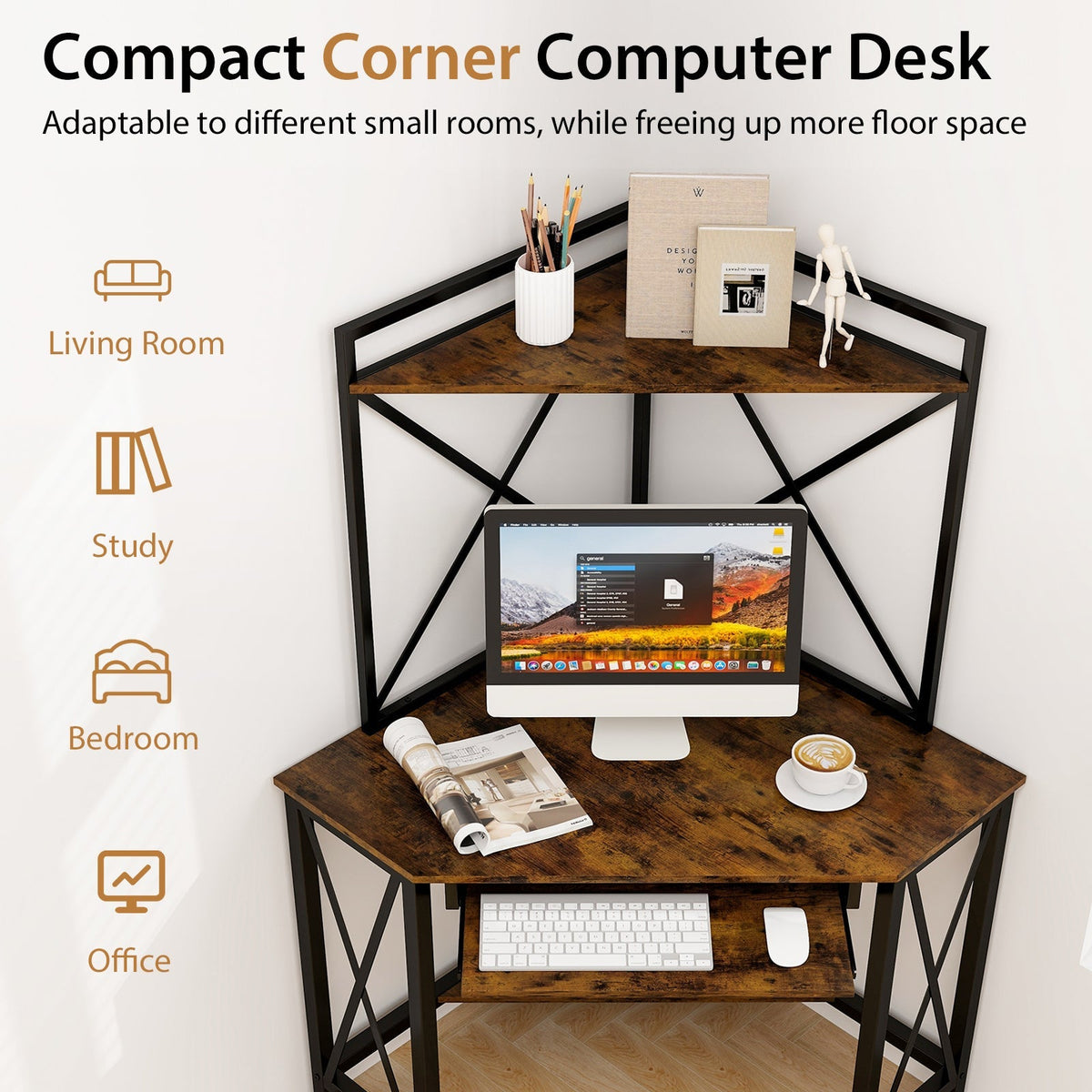 Space-Saving Corner Computer Desk with with Hutch and Keyboard Tray