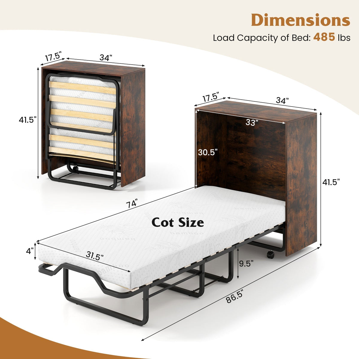 Cot Size Murphy Bed with Foldable Bed and Lockable Wheels