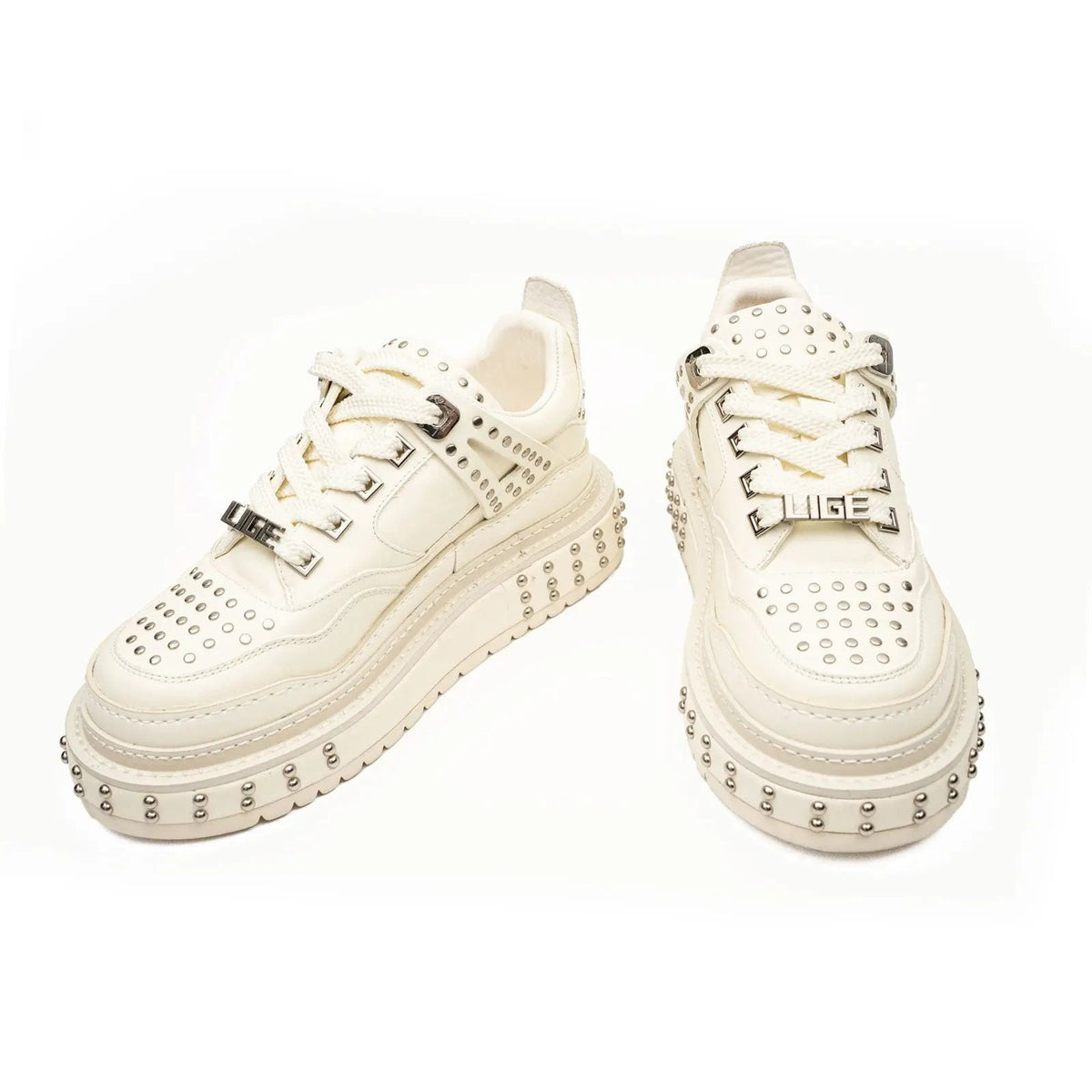 White Studded Cow Leather Sneakers