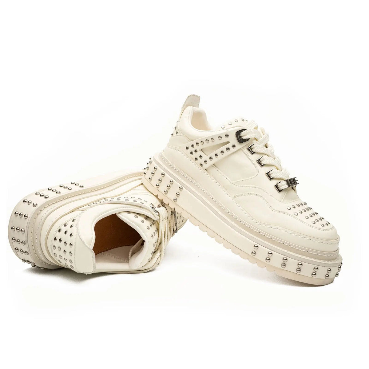 White Studded Cow Leather Sneakers