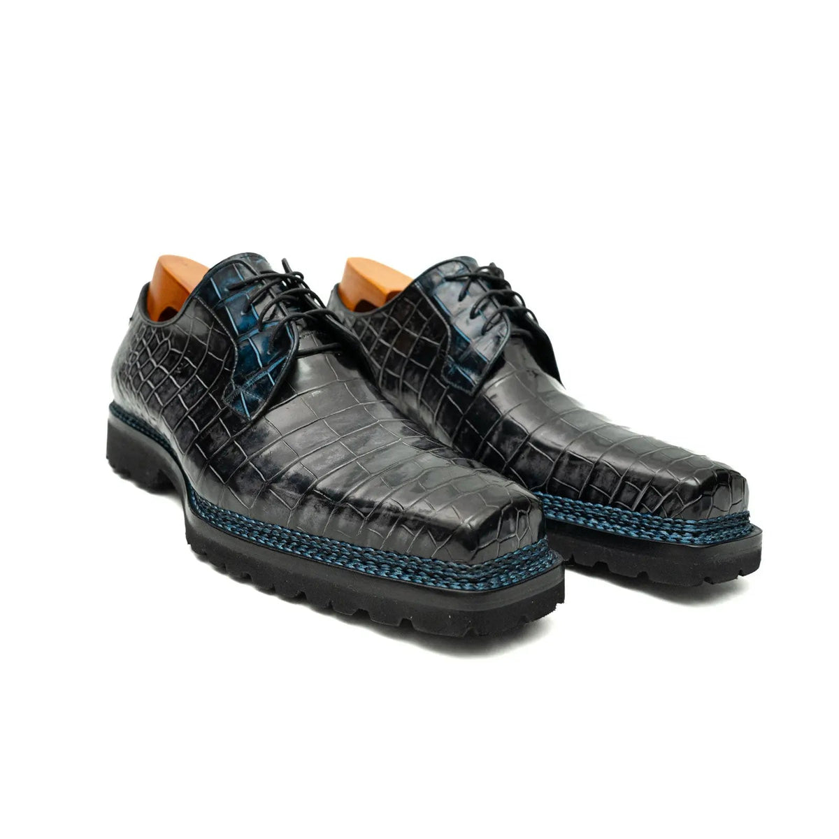 Gray-Black Crocodile Leather Derby Shoes