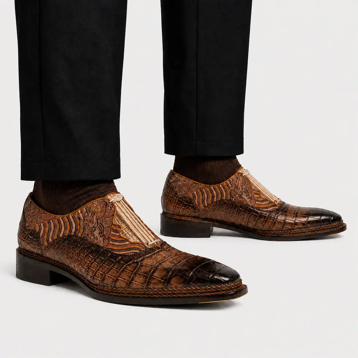Brown Alligator & Jacquard Ghillie Oxford Shoes