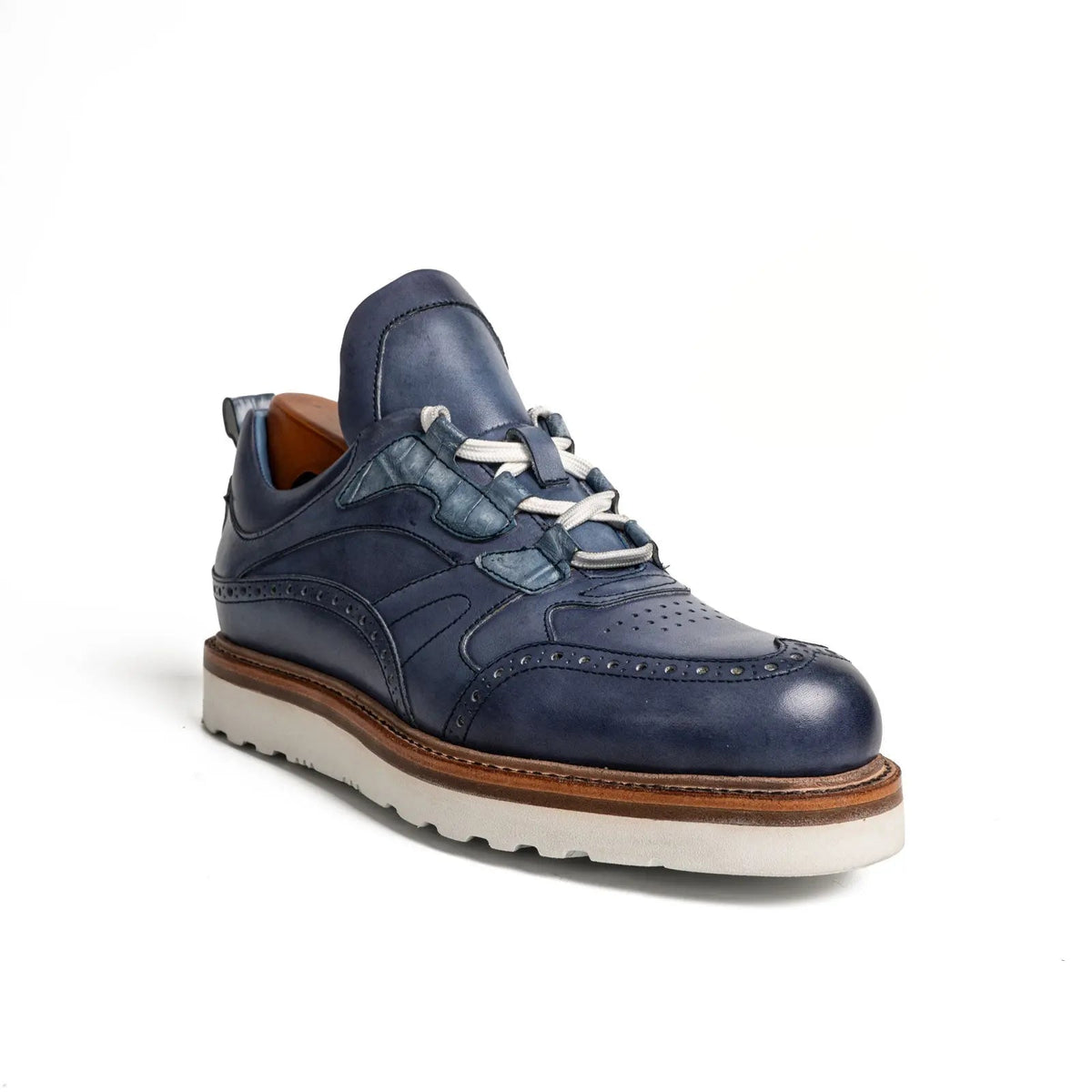 Blue Wingtip Cow Leather Sneakers
