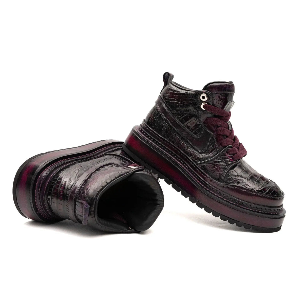 Burgundy Platform Crocodile Leather Sneakers