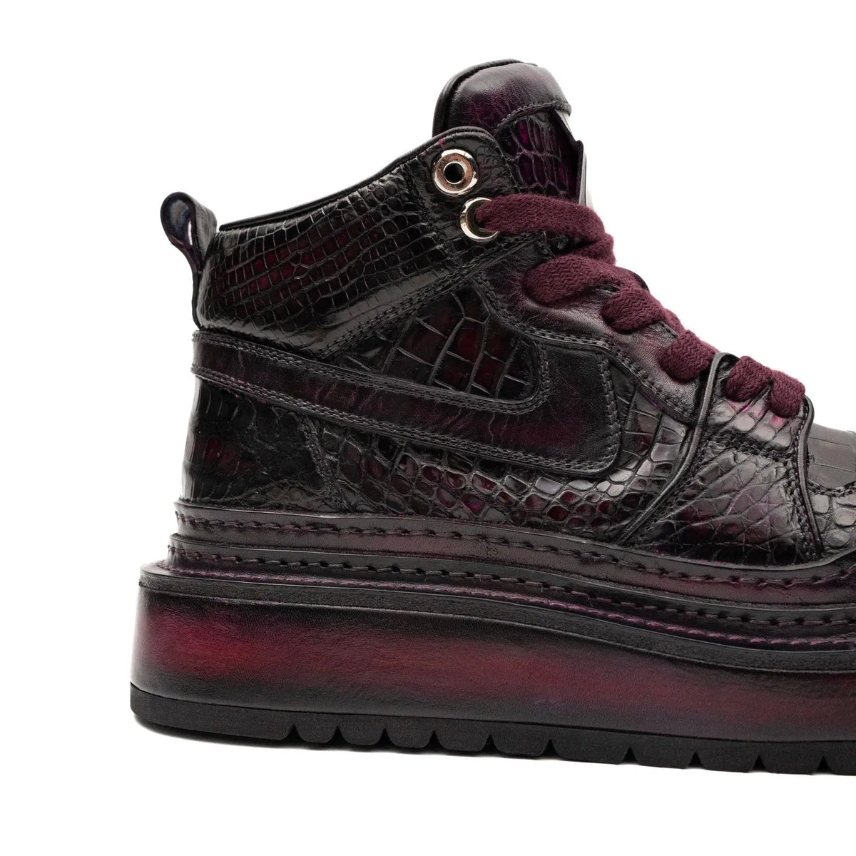 Burgundy Platform Crocodile Leather Sneakers