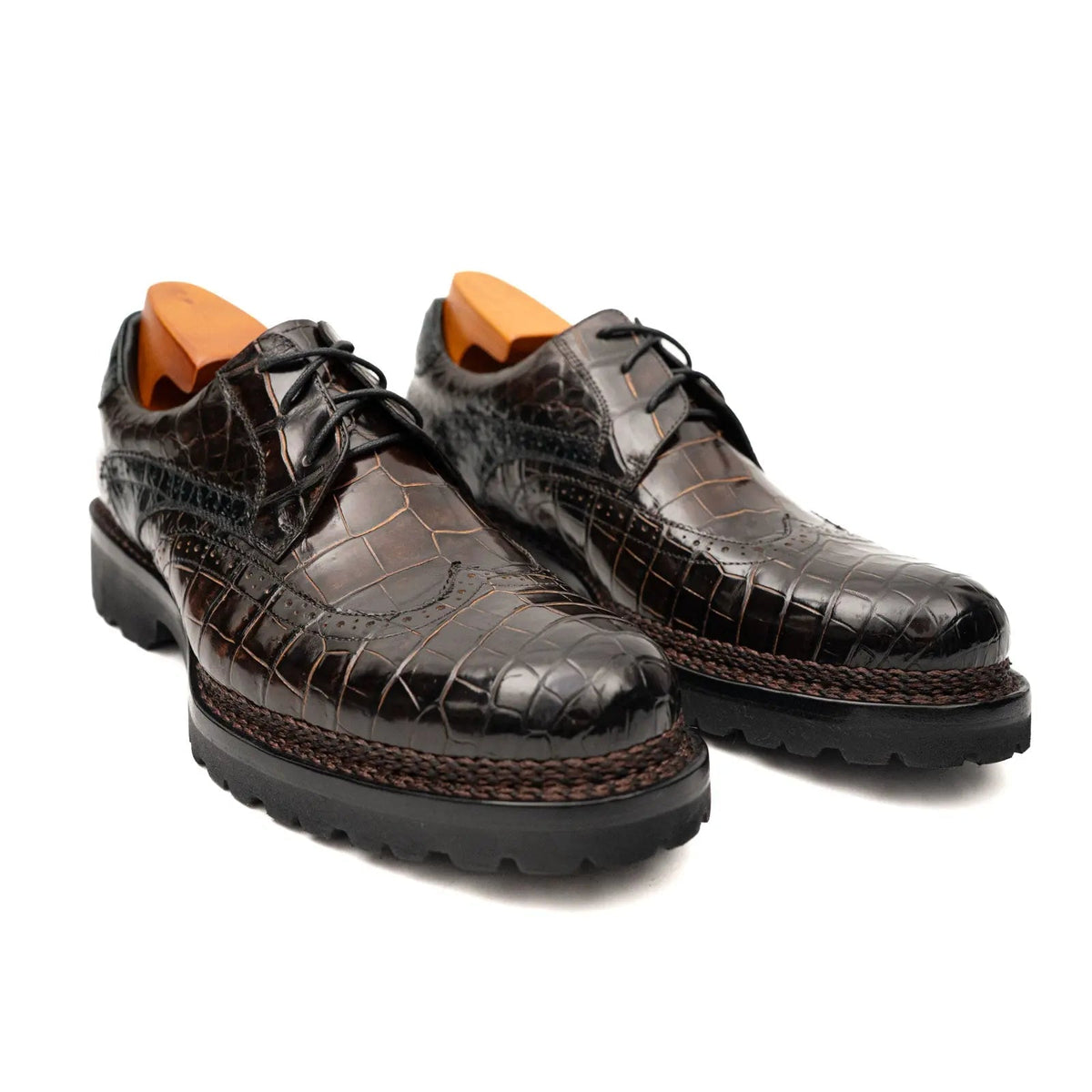 Dark Umber Crocodile Wingtip Derby Shoes