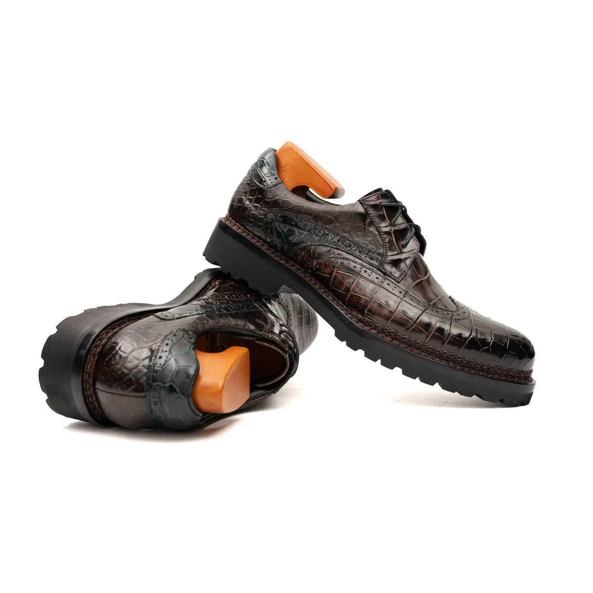 Dark Umber Crocodile Wingtip Derby Shoes
