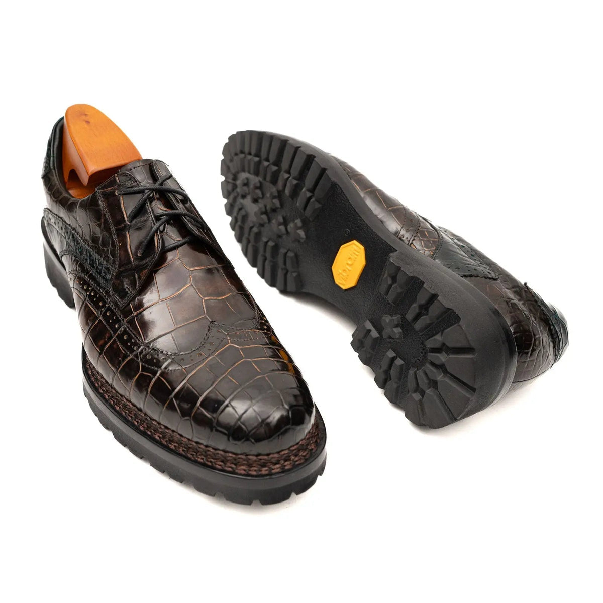 Dark Umber Crocodile Wingtip Derby Shoes