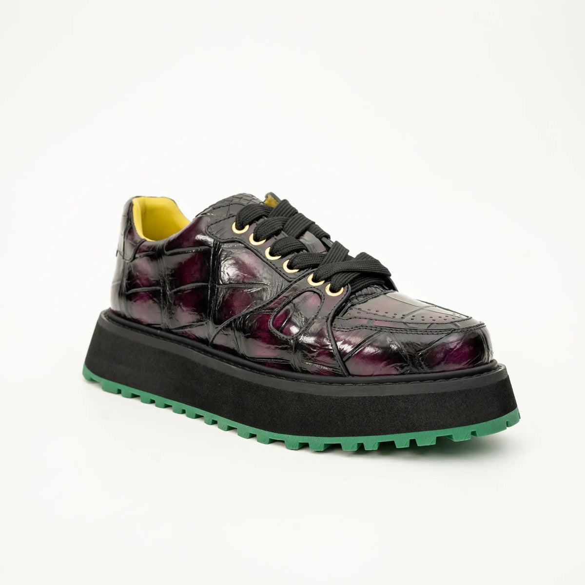 Burgundy-Black Apron-Toe Crocodile Leather Sneakers