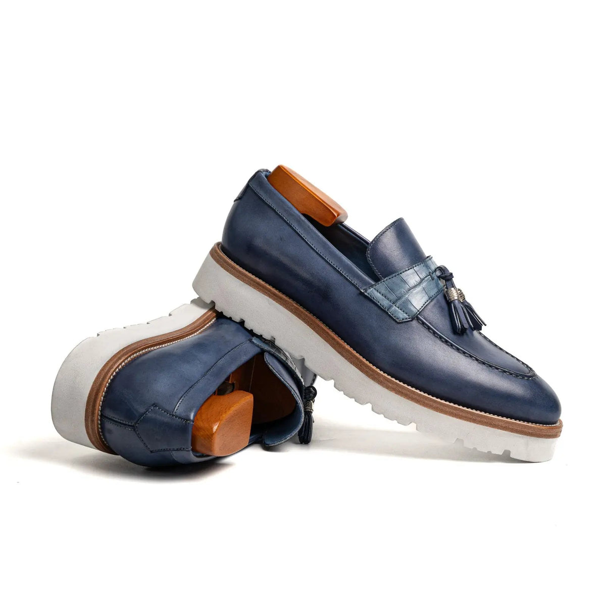 Blue Calf & Crocodile Leather Tassel Loafers