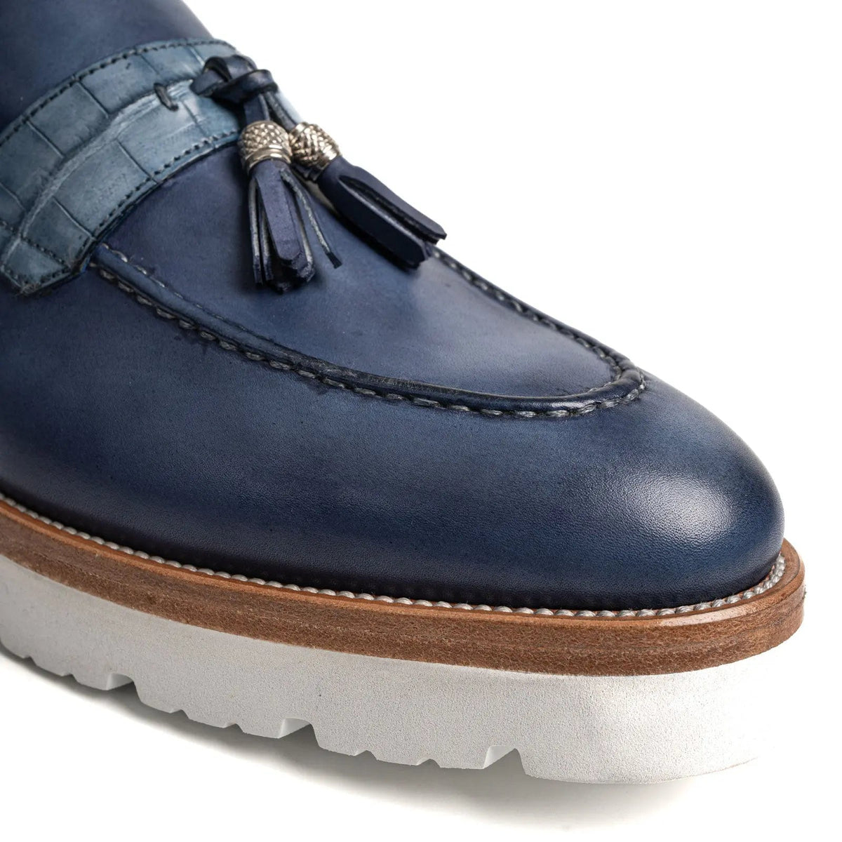 Blue Calf & Crocodile Leather Tassel Loafers