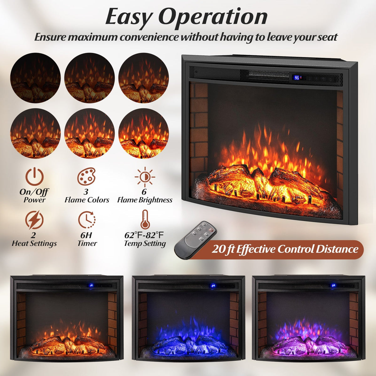 Curved Recessed Electric Fireplace Insert with Remote Control and Overheat Protection-26 Inch