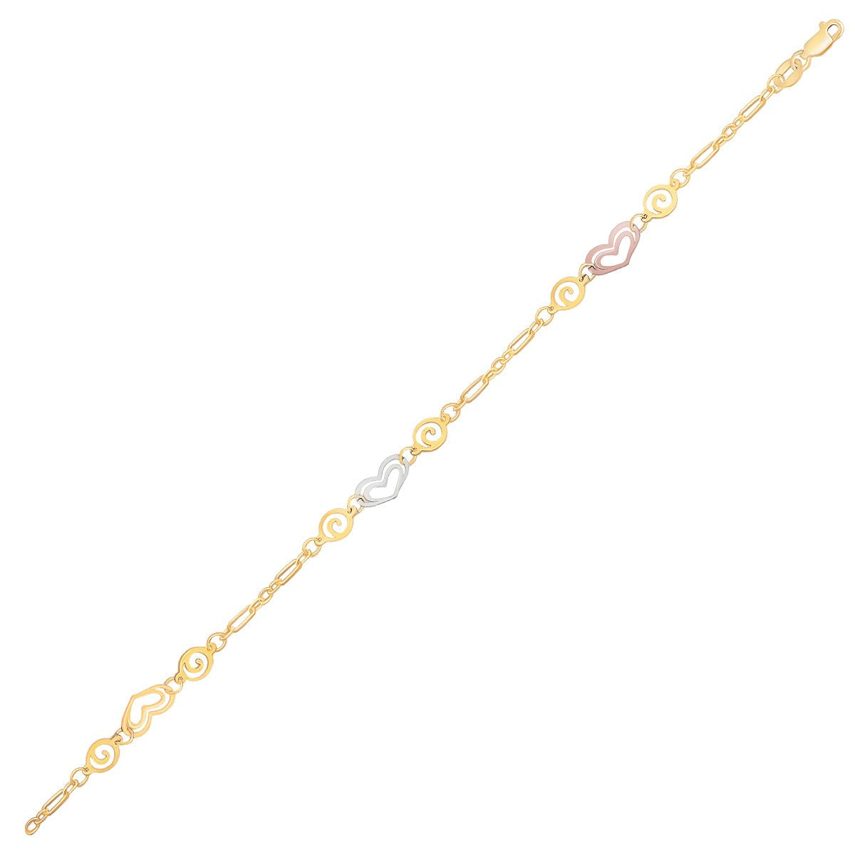 Tobillera de oro tricolor de 14k con estaciones de corazón multicolor