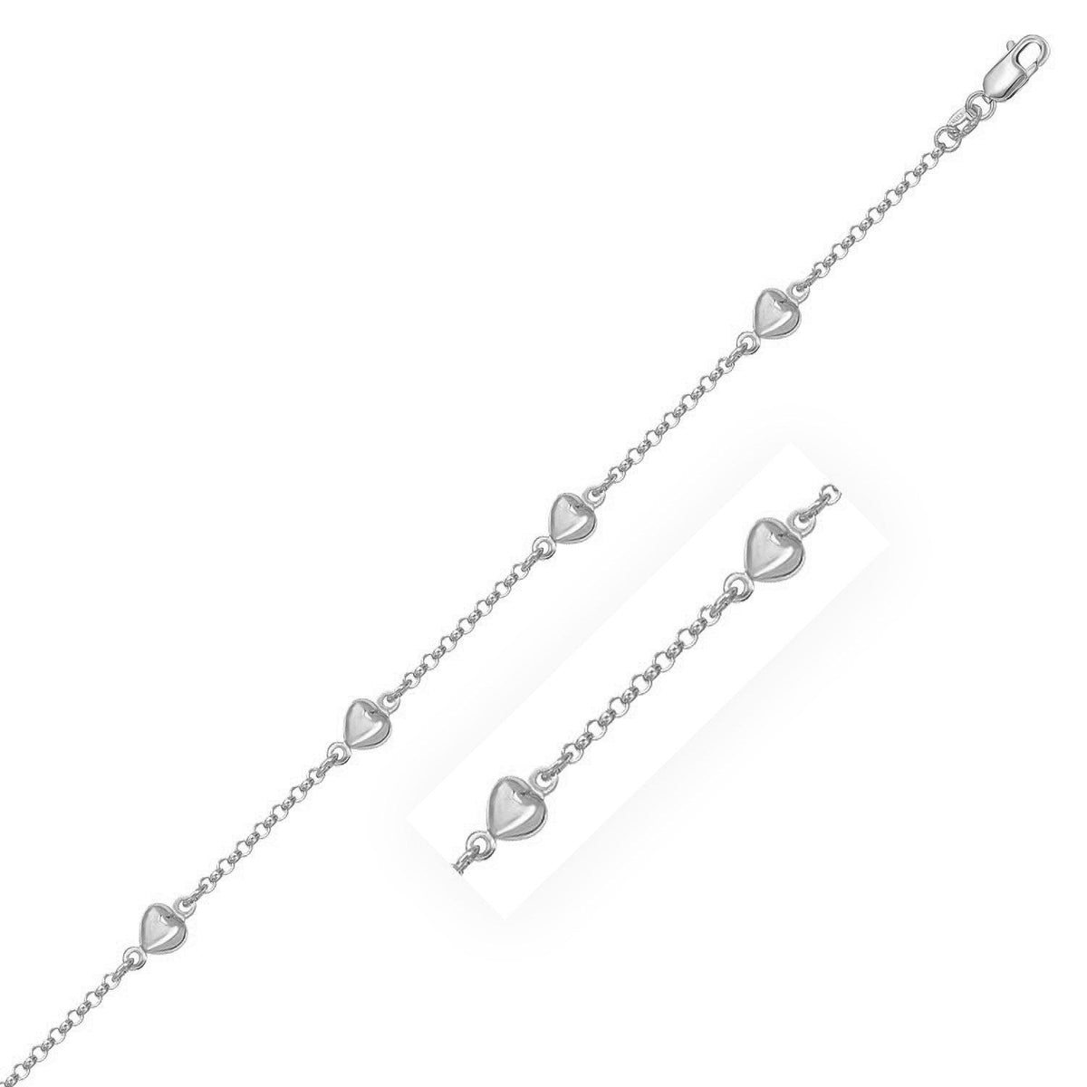 Pulsera de cadena Rolo de oro blanco de 14 quilates con estaciones de corazones inflados