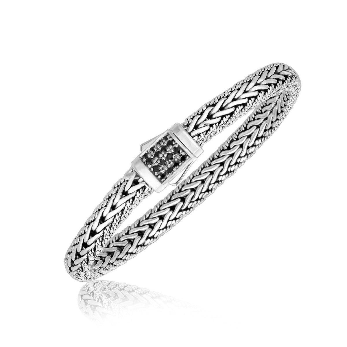 Pulsera de plata de ley estilo trenzado para hombre con detalles de zafiro negro (1.70 mm)