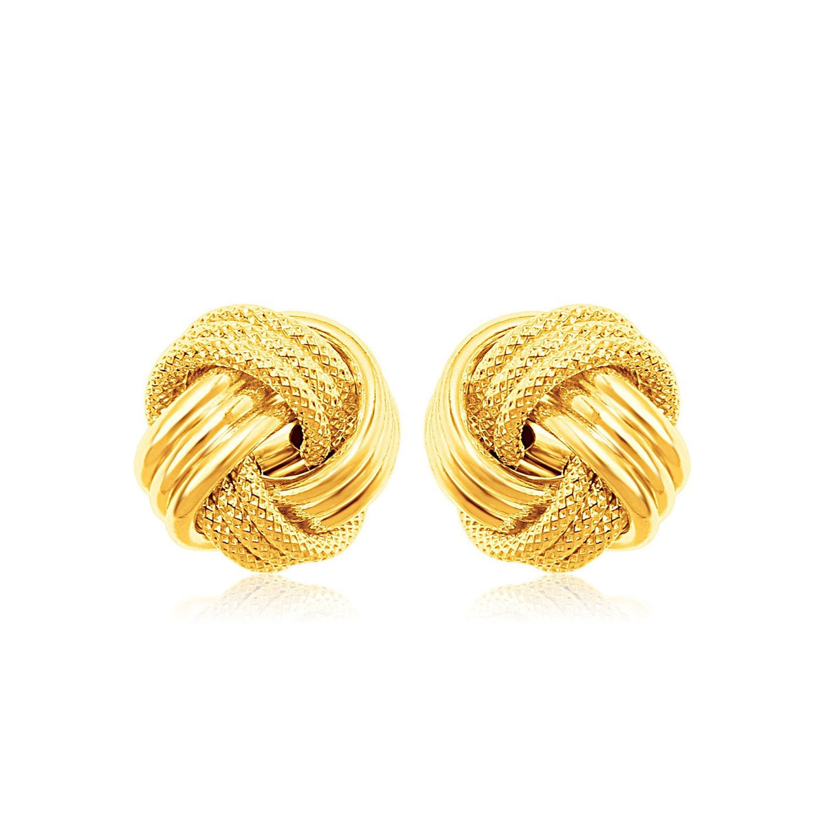 Aretes de nudo de amor en oro amarillo de 14k con textura estriada