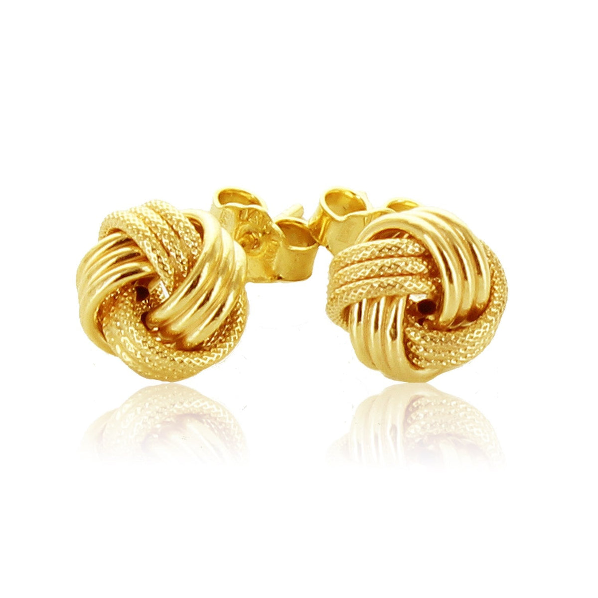 Aretes de nudo de amor en oro amarillo de 14k con textura estriada