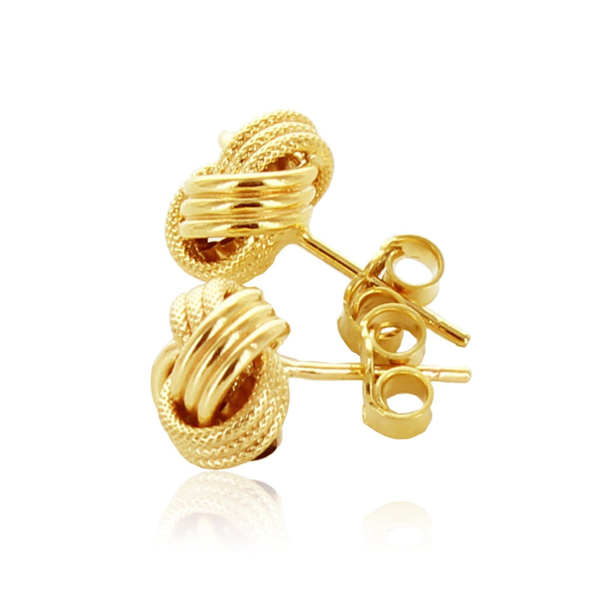Aretes de nudo de amor en oro amarillo de 14k con textura estriada