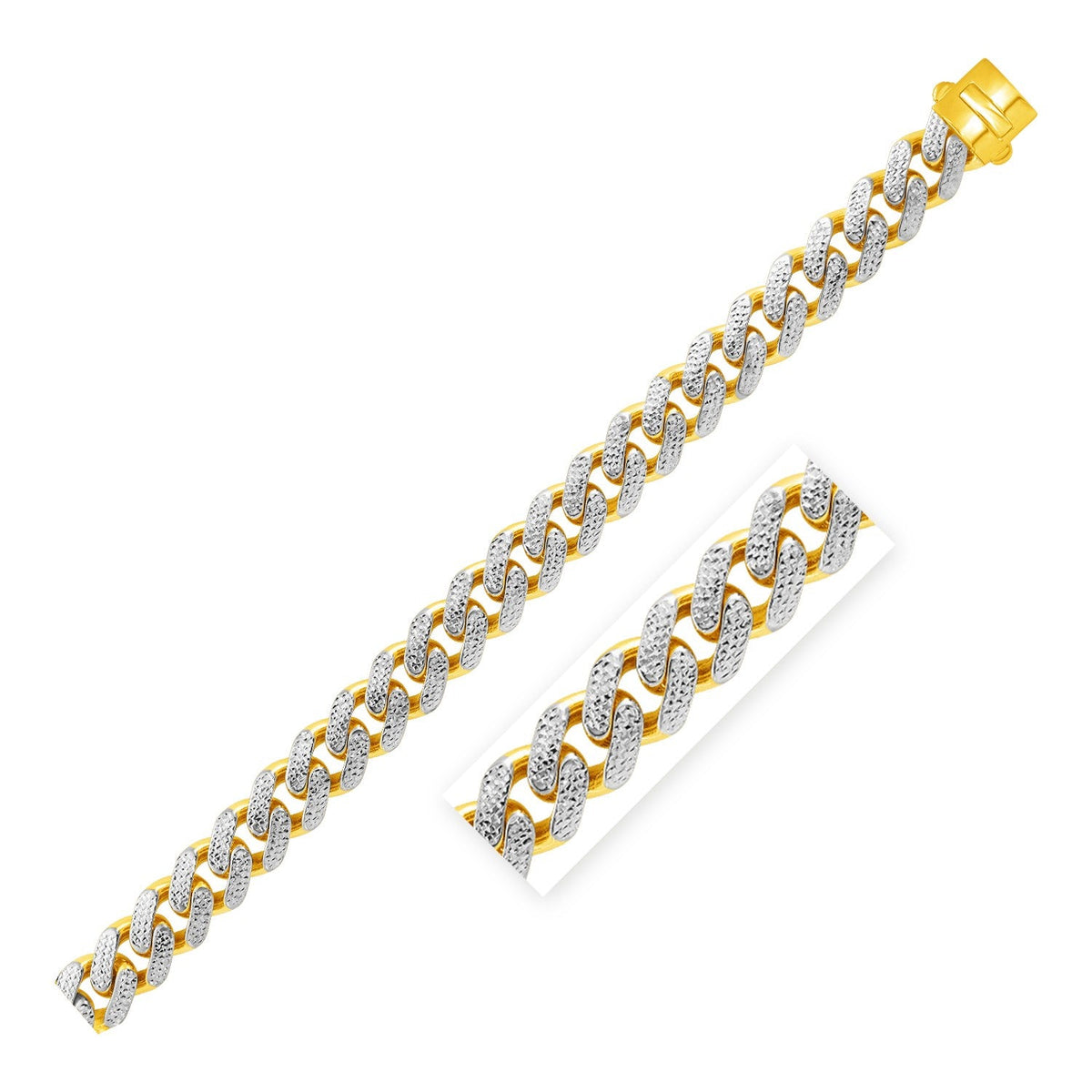 Pulsera de cadena barbada ancha de 8 1/2 pulgadas en oro de dos tonos de 14k con pavé blanco