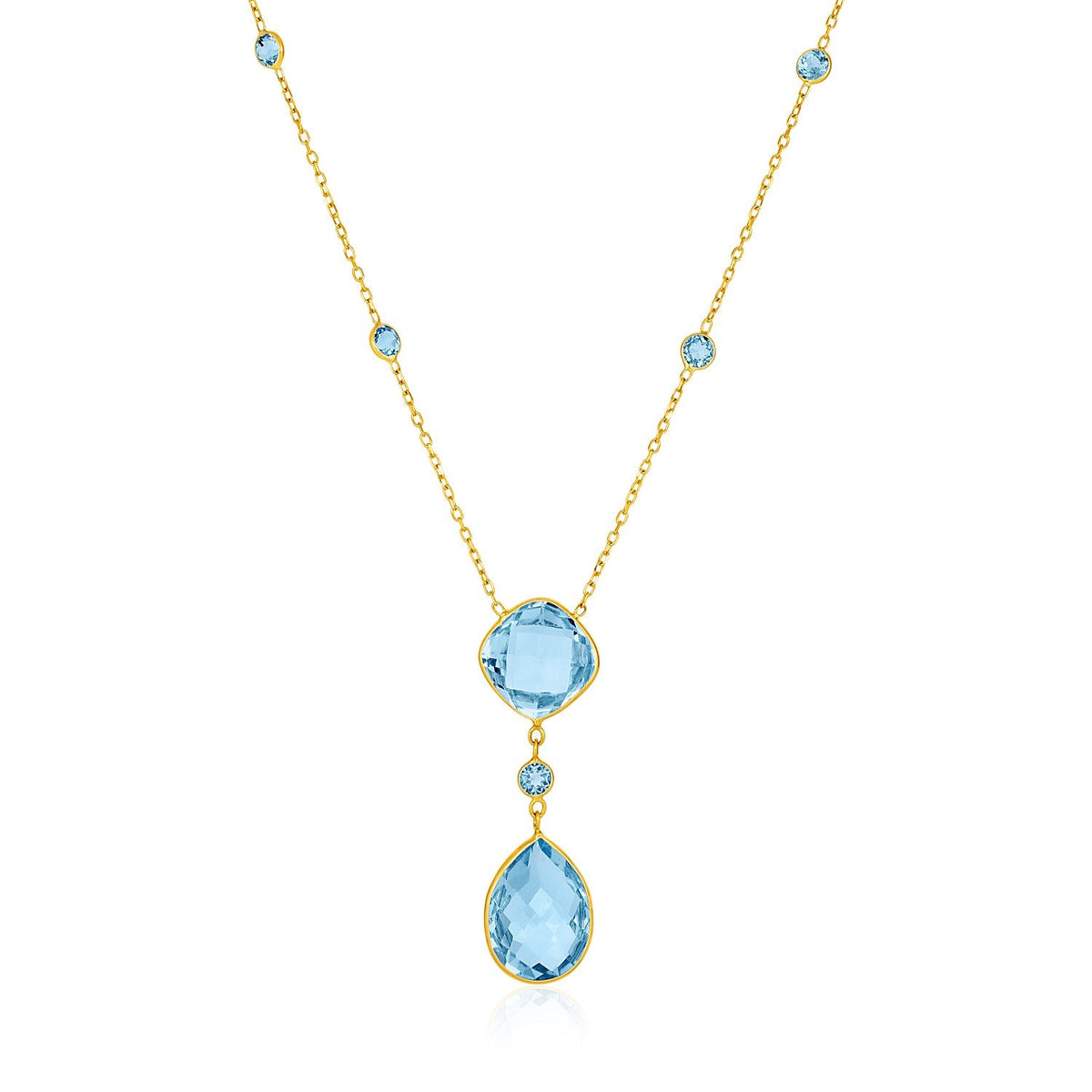 Collar de oro amarillo de 14 quilates con briolettes de topacio azul en forma de pera y de cojín