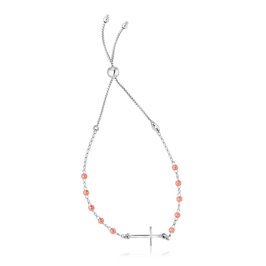 Sterling Silver White and Rose Finish Adjustable Bracelet with Cross (1.20 mm)