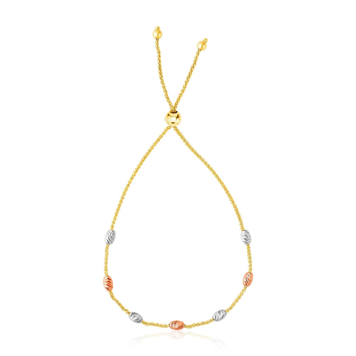 Pulsera estilo lariat con estaciones ovaladas texturizadas en oro tricolor de 14k
