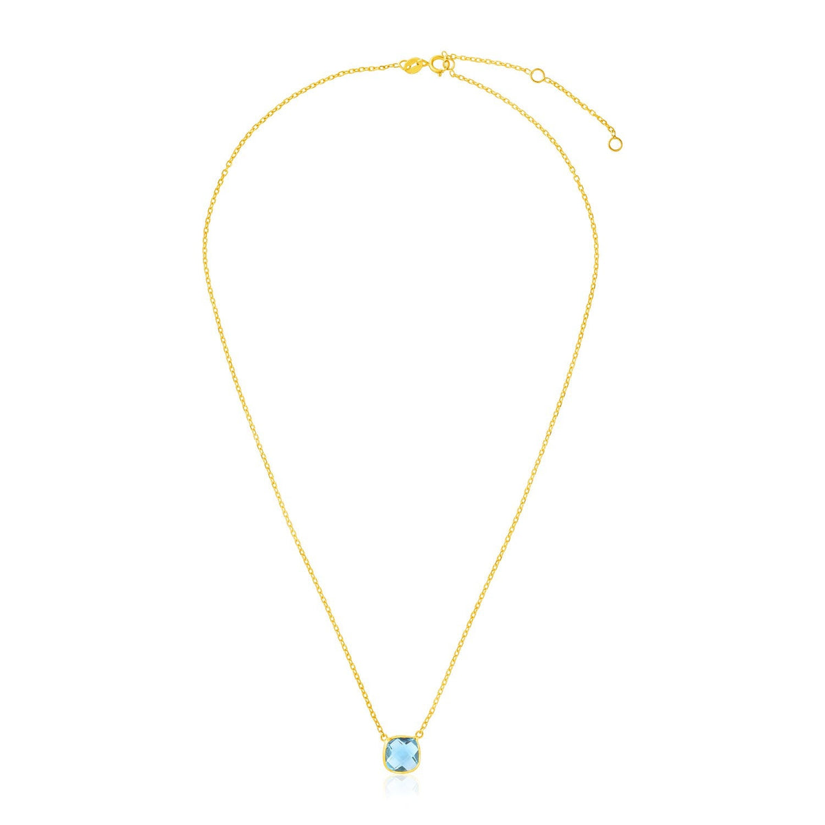 Collar de oro amarillo de 14k y 17 pulgadas con topacio azul talla cojín